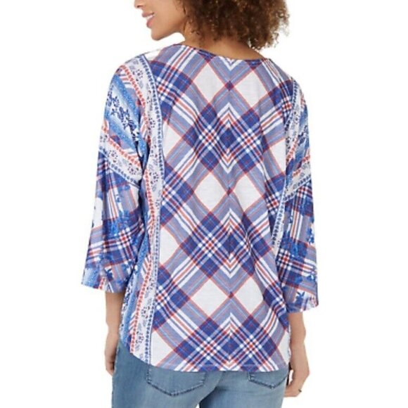 🌟HP FLORAL PLAID FRONT TIE Multicolor New Style & Co Button Up Blouse Colorful - Picture 6 of 16